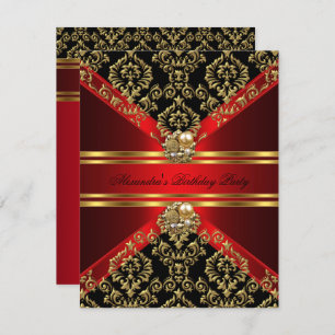 Elegant Damask Regal Red Gold Black Birthday Einladung