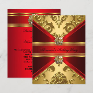 Elegant Damask Regal Red Gold Floral Geburtstag Einladung