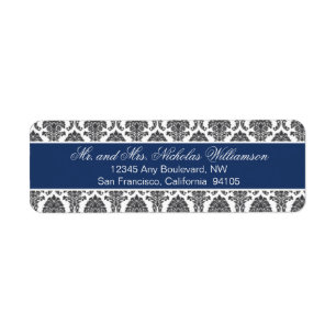 Elegant Damask Rücksendeadresse Label (Marine)