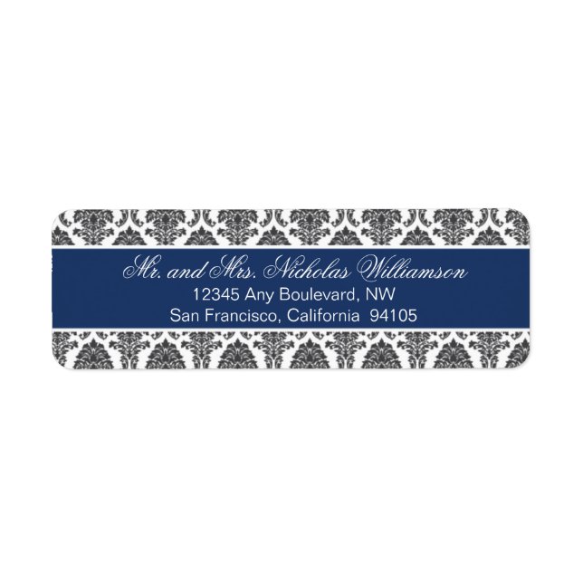 Elegant Damask Rücksendeadresse Label (Marine) (Vorne)
