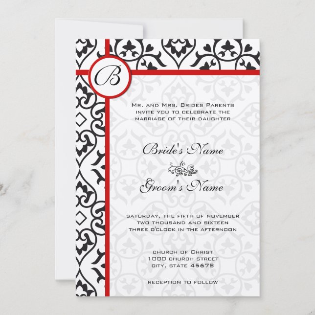 Elegant Damask Side Borders Red Trim Wedding Einladung (Vorderseite)