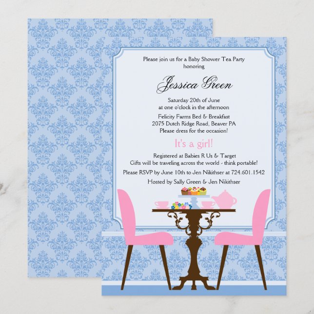 Elegant Damask Tea Party Einladung (Vorne/Hinten)