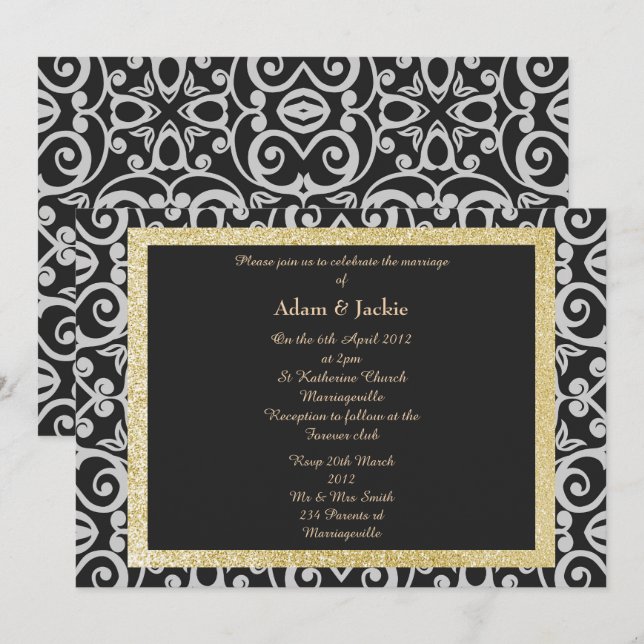 ELEGANT Damask WEDD SCHWARZE SILVER MODERN Einladung (Vorne/Hinten)