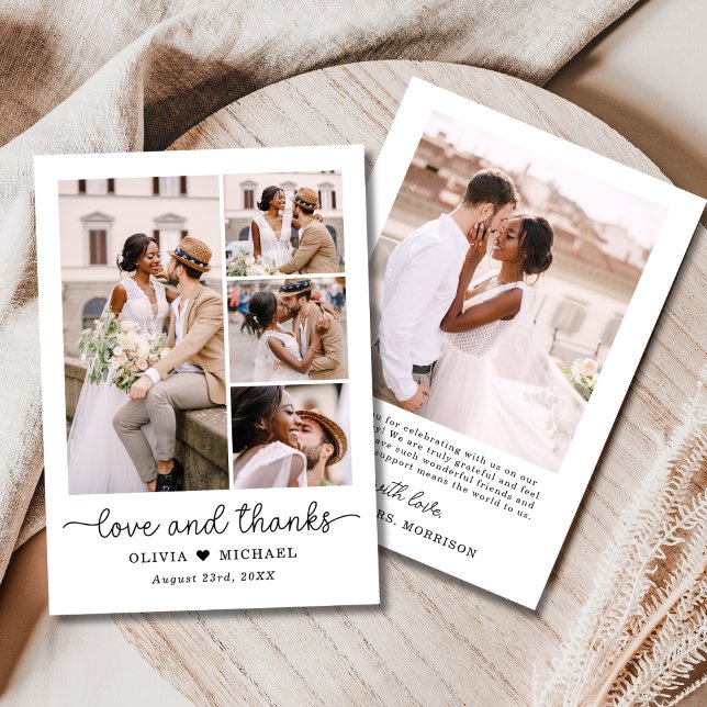 Elegant Dank Script Five Foto Collage Hochzeit Dankeskarte (Von Creator hochgeladen)
