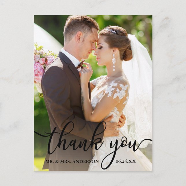 Elegant danke Ihnen Black Script Wedding Foto Postkarte (Vorderseite)
