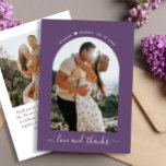 Elegant Danke Script 2 Foto Mauve Arch Wedding<br><div class="desc">Minimalistische Elegante Hand Lettered Arch 2 Foto Hochzeit Dankeschön Karte in Mauve Lila Farbe. Stilvolle Hochzeit dank Kartenvorlage mit einem (bogenförmigen) Foto auf der Vorderseite und einem Foto auf der Rückseite. Mit dem Text "Liebe und Dank" in einer Wirblen Hand Letterkalligraphie oder Typografie Skript-Schriftart in weiß auf violett oder staubigen...</div>