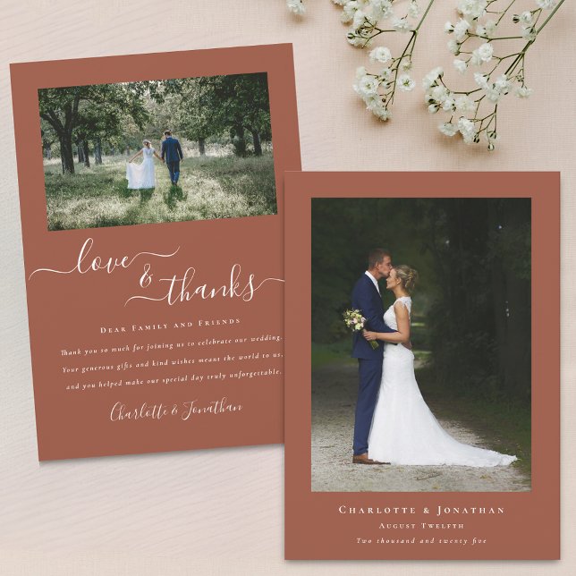 Elegant Danke Wedding 2 Foto Terracotta (Modern elegant calligraphy script love and thanks 2 photo wedding thank you terracotta flat card)