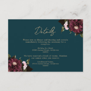 Elegant Dark Aquamarin Burgundy Floral Wedding Begleitkarte