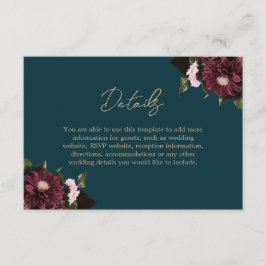 Elegant Dark Aquamarin Burgundy Floral Wedding Begleitkarte