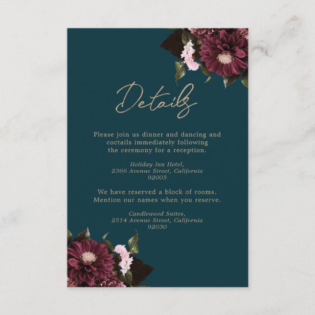 Elegant Dark Aquamarin Burgundy Floral Wedding Begleitkarte (Vorderseite)