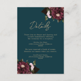 Elegant Dark Aquamarin Burgundy Floral Wedding Begleitkarte