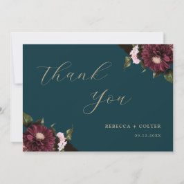 Elegant Dark Aquamarin Burgundy Floral Wedding Dankeskarte