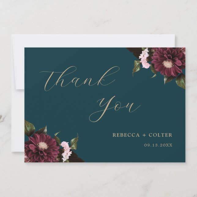 Elegant Dark Aquamarin Burgundy Floral Wedding Dankeskarte (Vorderseite)