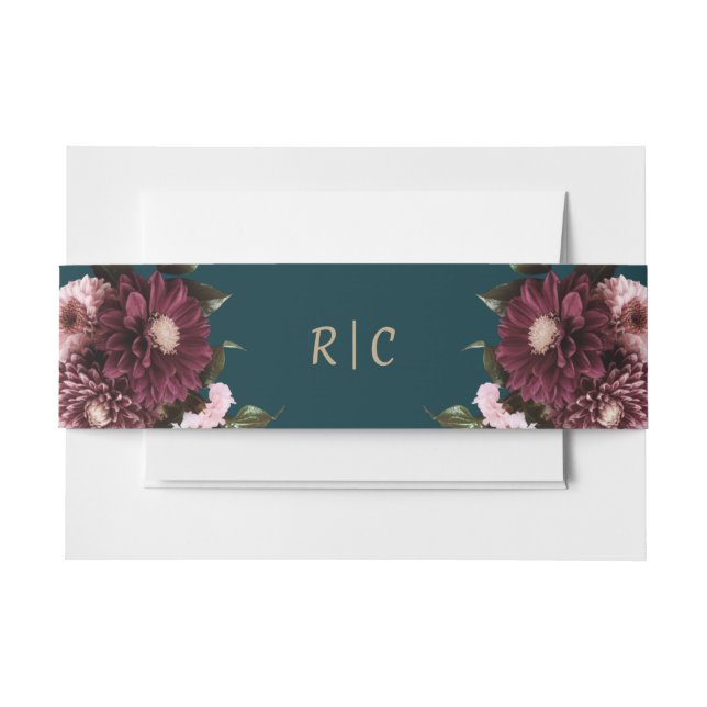 Elegant Dark Aquamarin Burgundy Floral Wedding Einladungsbanderole (Vorderseite Beispiel)