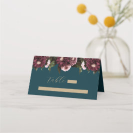 Elegant Dark Aquamarin Burgundy Floral Wedding Platzkarte
