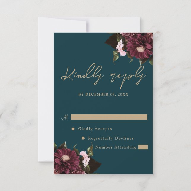 Elegant Dark Aquamarin Burgundy Floral Wedding RSVP Karte (Vorderseite)
