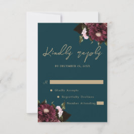 Elegant Dark Aquamarin Burgundy Floral Wedding RSVP Karte