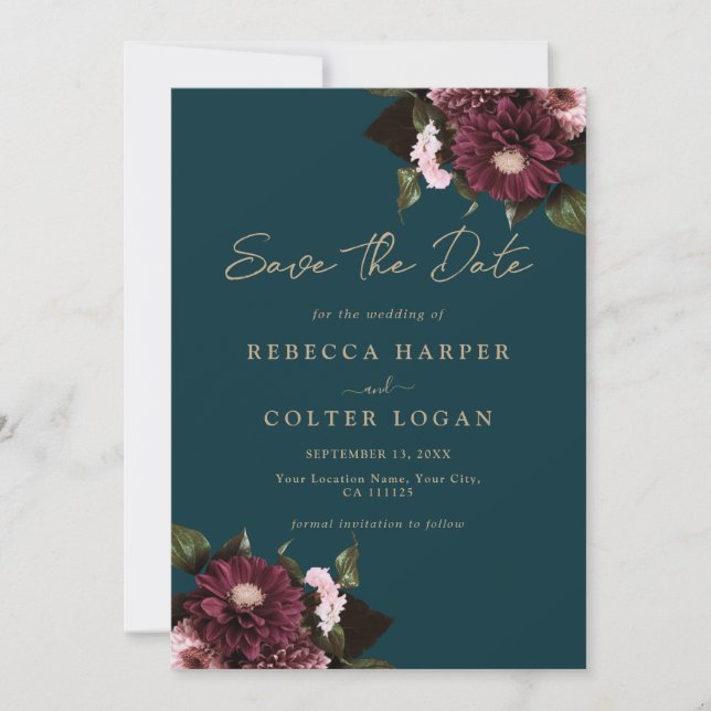 Elegant Dark Aquamarin Burgundy Floral Wedding Save The Date (Vorderseite)