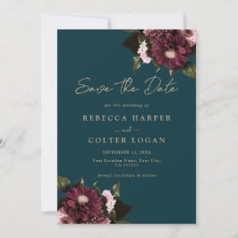 Elegant Dark Aquamarin Burgundy Floral Wedding Save The Date