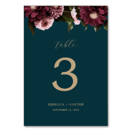 Elegant Dark Aquamarin Burgundy Floral Wedding Tischnummer