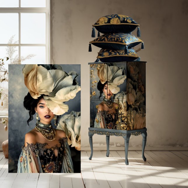 Elegant Dark Beauty, Moody Blue Florals Seidenpapier (Luxe Blooms, Elegant, Dark Beauty Portrait & Moody Blue Floral, Statement Art, furniture decoupage )