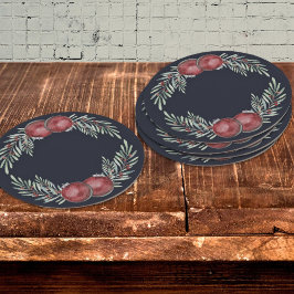 Elegant Dark Blue Christmas Ornament Red Berries Runder Pappuntersetzer