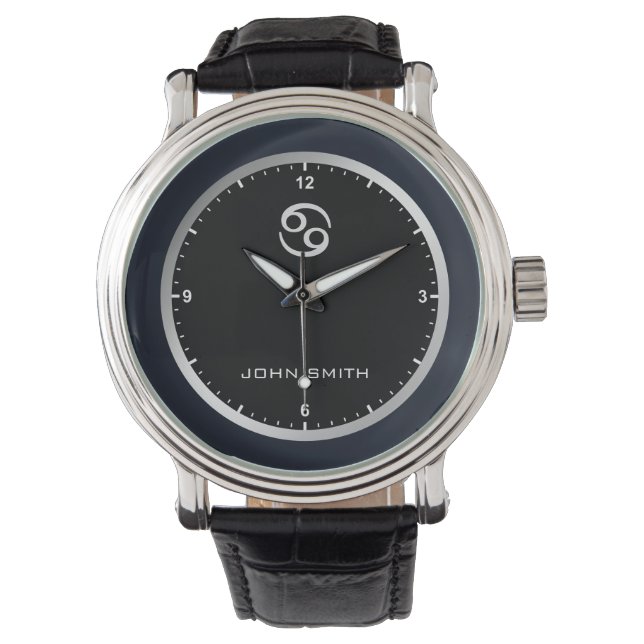 Elegant Dark Blue Frame Zodiac Sign Name Custom Armbanduhr (Vorderseite)