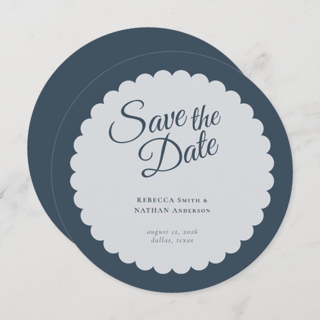 Elegant Dark Blue Script Scallop Hochzeit Save The Date (Vorne/Hinten)