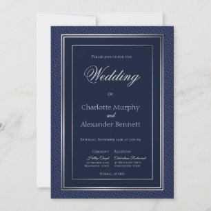 Elegant Dark Blue Silver Border Church Wedding Einladung