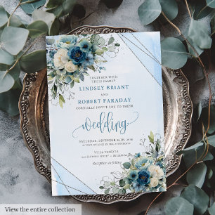 Elegant Dark Blue Silver Floral Wedding Einladung