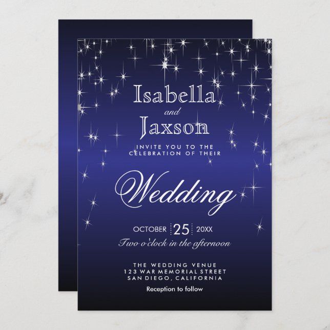 Elegant Dark Blue Star Lights Hochzeitseinladung Einladung (Vorne/Hinten)