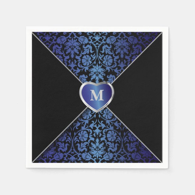 Elegant Dark Blue und Black Damask | Monogramm Serviette (Vorderseite)