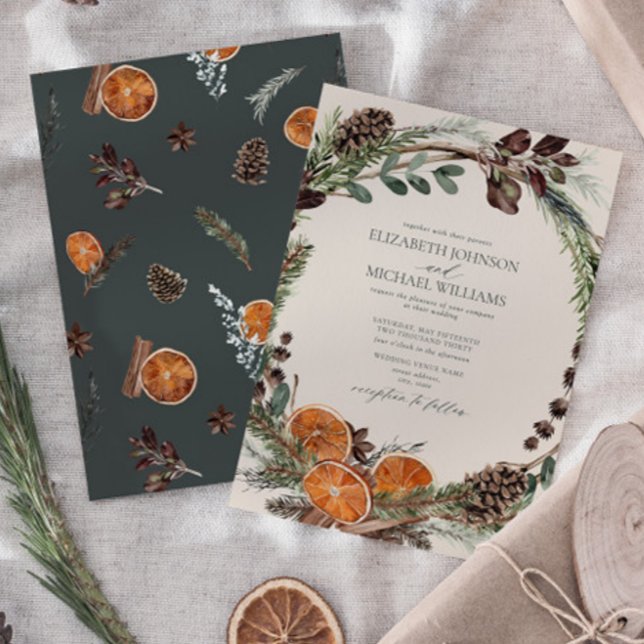 Elegant Dark Boho Citrus Greenerity Winter Wedding Einladung (Easily personalize this formal bohemian citrus invitation for the perfect fall or winter wedding)