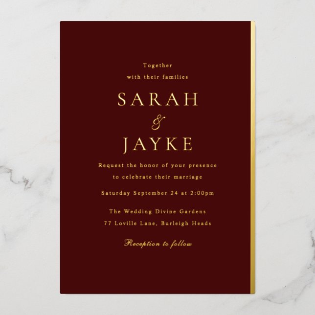 Elegant Dark Burgund Elegant Modernes Hochzeitsgol Folieneinladung (Vorderseite)