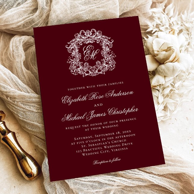 Elegant Dark Burgundy Monogram Crest Wedding Einladung (Von Creator hochgeladen)