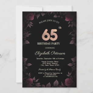 Elegant Dark Burgundy Rose Black 65. Geburtstag Einladung