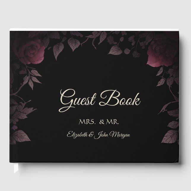 Elegant Dark Burgundy Rose Black Guest Book Gästebuch (Vorderseite)