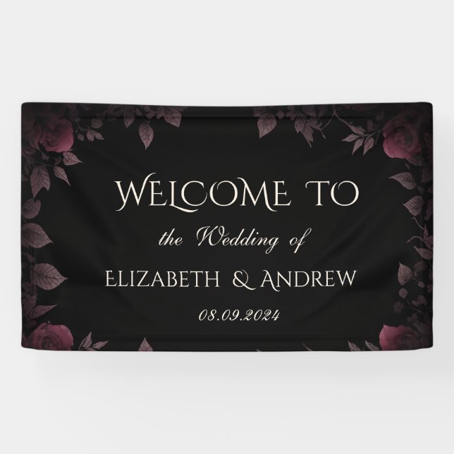 Elegant Dark Burgundy Rose Black Wedding Banner (Horizontal)