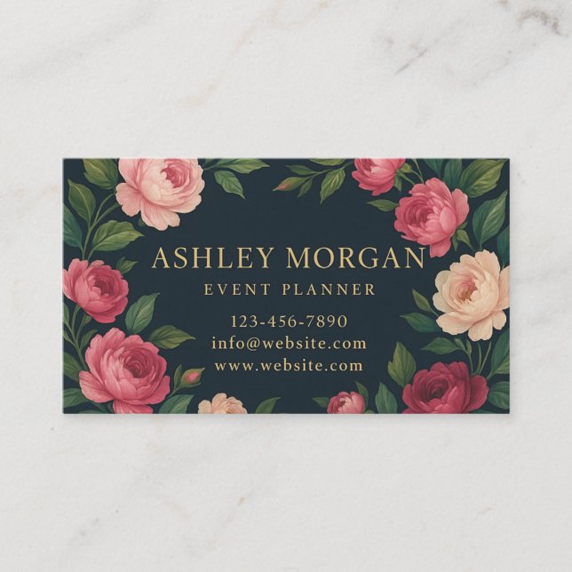 Elegant Dark Floral Business Card with Roses  Visitenkarte (Vorderseite)