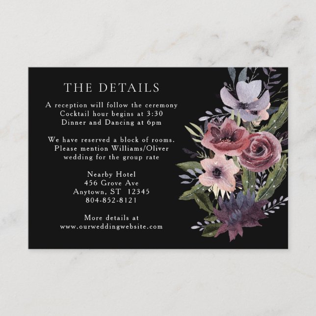 Elegant Dark Floral Cascade Black Burgundy Enclosu Begleitkarte (Vorderseite)