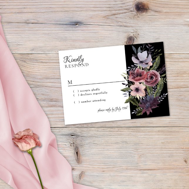 Elegant Dark Floral Cascade Black Burgundy RSVP Karte (Von Creator hochgeladen)
