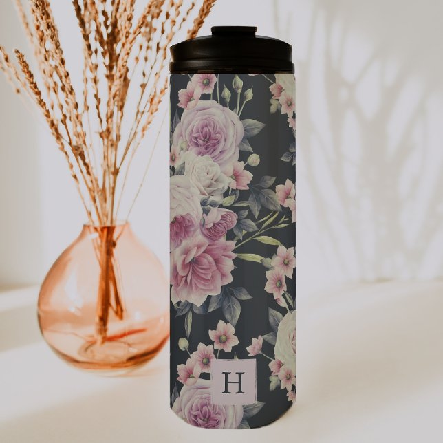 Elegant Dark Floral on Black | Monogram Tumbler Thermosbecher (Von Creator hochgeladen)