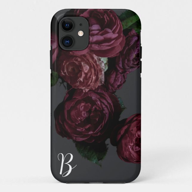 Elegant Dark Floral Rose Monogram I Phone Case (Rückseite)