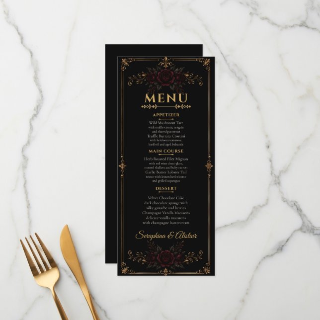 Elegant Dark Gothic Wedding Menu Menükarte (Vorderseite/Rückseite Beispiel)