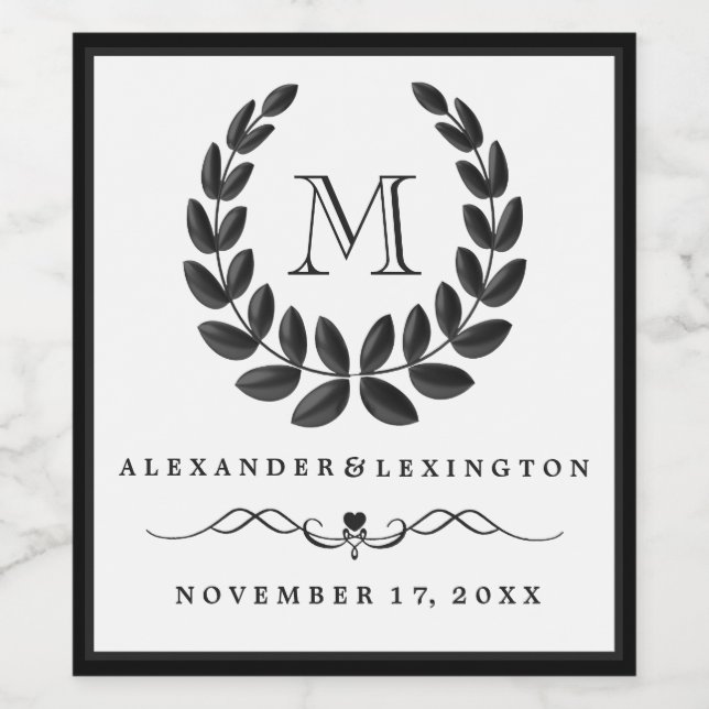 Elegant Dark Gray Monogram Laurel Wreath Wedding Weinetikett (Einzelnes Label)