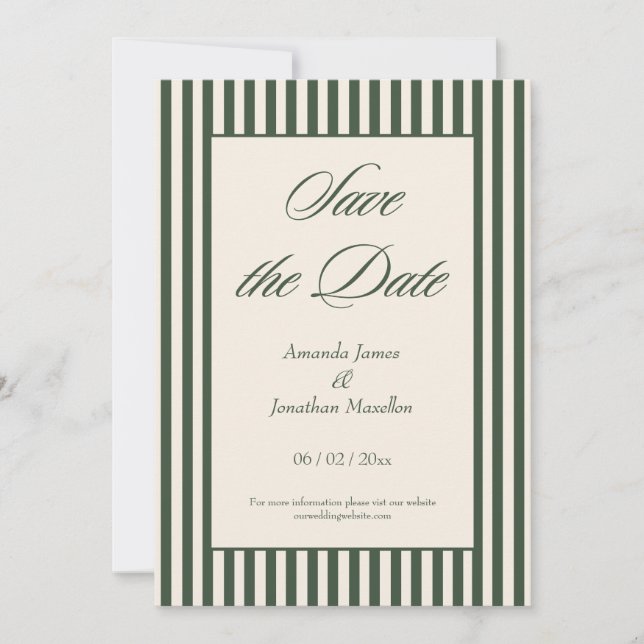 Elegant Dark Green and Cream Stripes Save the Date Einladung (Vorderseite)