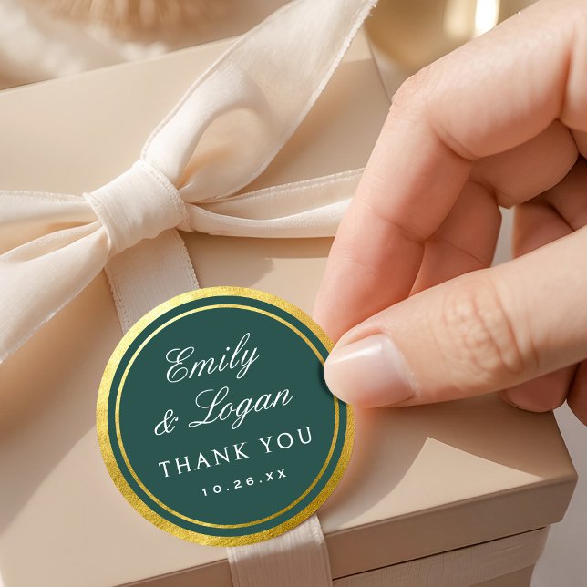 Elegant Dark Green Gold Border Wedding Runder Aufkleber (Von Creator hochgeladen)
