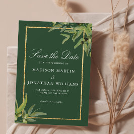 Elegant Dark Green Gold Botanical Save the Date Einladung