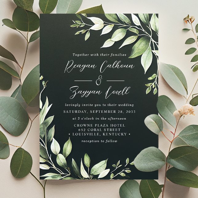 Elegant Dark Green Greenerity Blätter Script Weddi Einladung (Von Creator hochgeladen)