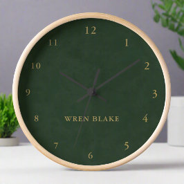 Elegant Dark Green Leather & Gold Script Name Runde Wanduhr